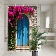 Mediterranean Stone Wall Blue Arch Door Bright Pink Bougainvillea Print Shower Curtain Waterproof Mi
