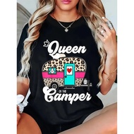 Women's Vintage Camper Van&Queen of the Camper T-Shirt-Retro Camper Van Print with Pink Door&Leopard