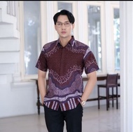 USMAN MARON BERGUNDI ATASAN KEMEJA BATIK PRIA LENGAN PENDEK SLIM FIT LAPIS FURING HALUS BAHAN KATUN