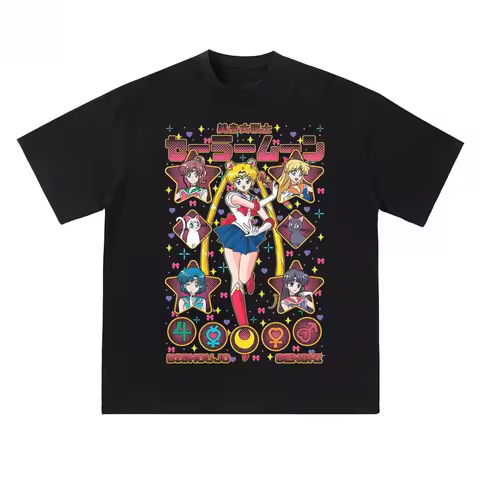 Japanese Anime Moon Beauty Girl Warrior Peripheral T-shirt Retro Print Ins Trendy Brand Pure Cotton 