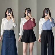 KATUN DOLLAR - ZER BLOUSE URVI CROSS COMBINATION STRIPE Casual Trendy Micro Combi Striped Cotton Lon