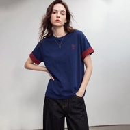 DME | เสื้อยืดคอปกสตรี ฝ้าย สีบล็อก ปักลาย