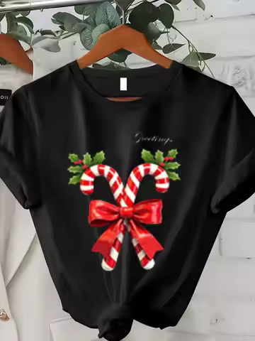 Women T-shirt Christmas Candy Cane Bow T-Shirt for Women