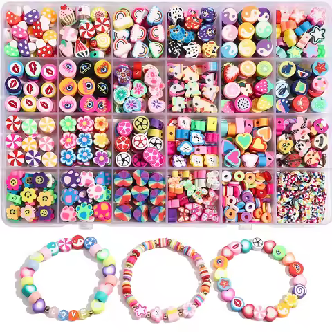 610Pcs Polymer Clay Beads Bracelet Making Kit, Animal Fruit Flower Butterfly Bunny Et. Shape Spacer 