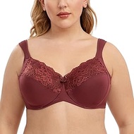 Women's Full Coverage Floral Lace Underwire No Padding Minimiser Bra, Cabernet Red, 46DDD