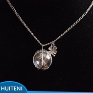 Four-leaf Clovers Dandelion Plant Dried Flower Glass Ball Pendant Necklace