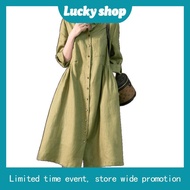 LAHSTORE straight linen dress with rolled-up sleeves and flared waist DS30 (Green)