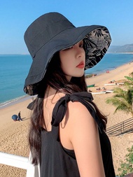 1ชิ้น หมวกกันแดดปีกกว้างกลางแจ้ง, หมวกกันแดดสวมใส่กลับด้านได้ ลายดอกไม้สองด้าน หมวกบัคเก็ตกันรังสี U