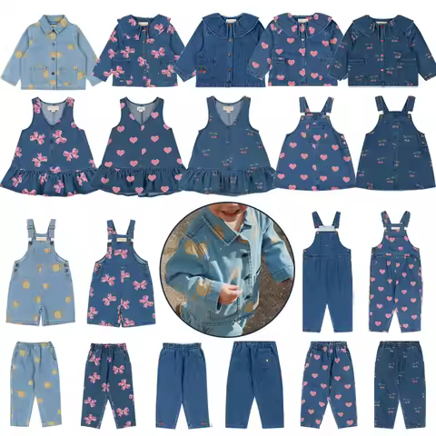 2025 Toddler Kids Girls Cute Print Dress KS Brand Boys Jeans Braces Jacket Children Denim Dresses Co