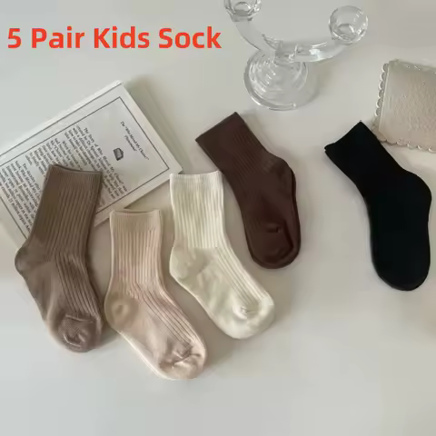 5Pair/set Sporty Fashion Kids Calf Sock for Boy Girl Korean Chic Beige Coffee Color Sock Cute Autumn