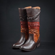 手工編織率性多彩真皮長靴-多彩棕