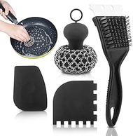 Cast Iron Scrubber + Pan Scraper + Grill Brush, Cast Iron Cleaner with Ergonomic Handle for Pots and Skillets, Chainmail Scrubber for Cast Iron Pans and Skillets Dishwasher Safe(Black)