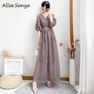 Alisa Sonya 2023ชุดเดรสยาวเข้ารูปพอดีเสื้อแฟนเกาหลีชีฟองระบายสีทึบง่ายใหม่