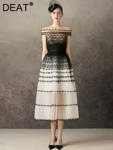 DEAT Elegant Dress Slash Neck Gauze Patchwork Pleated Contrast Color Women's Evening Party Dresses 2