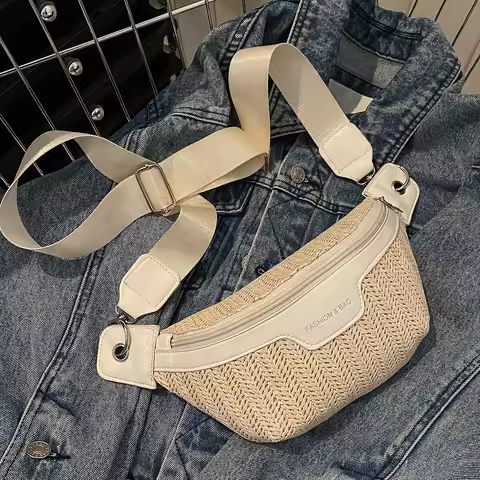 Women's Waist Bags Straw Woven Chest Bags Summer Knitting Banana Bags Wide Shoulder Strap Female Fan