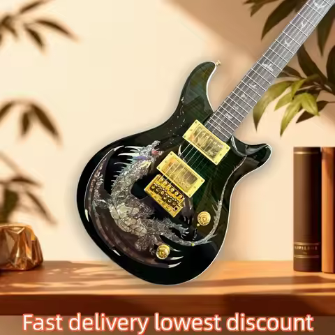 6 String PRS Style Electric Guitar Green Tiger Flame Top Dragon Abalone Inlay HH Pickups Tremolo Bri