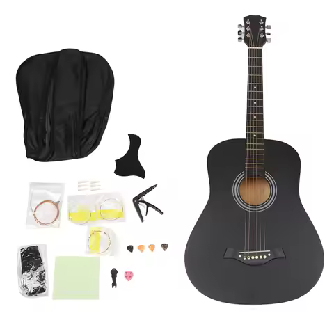 Acoustic Guitar Kit 38 Inch Black Matte Rounded Folk Guitar with Spare Strings Capo Picks Guard Plat
