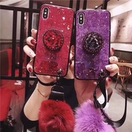iPhone 12/ 12 Pro 6.1吋閃粉大理石殼(帶毛毛球)(配水鑽支架)(紅色/紫色)