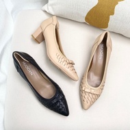 DANDT Foreign Trade Sheepskin Hand-Woven Black High Heels Women's Bow Shallow Mouth Pointed Toe Thic