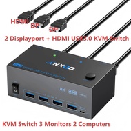 USB 3.0 KVM Switch 3 Monitors 2 Computers,Triple Monitor 2 Displayport 1.4 + HDMI 2.1 KVM Switch,Sup