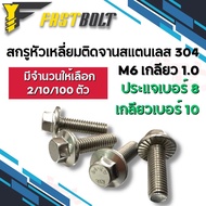 น็อต สกรูหัวเหลี่ยมติดจานสแตนเลส304 ขนาด M6 เกลียว 1.0 ความยาว 12 - 50 มิล
