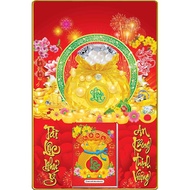 Lịch Tết 2026 bìa gỗ tráng gương laminate bọc viền Túi Tiền kt 40x60cm gắn bloc 14.5×20.5cm