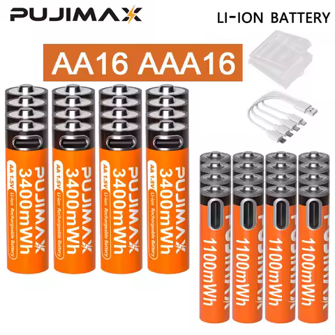 PUJIMAX 1.5V AA&AAA Rechargeable Lithium Battery 3400mWh/1100mWh, Type-C Port Charging Be Reused 150