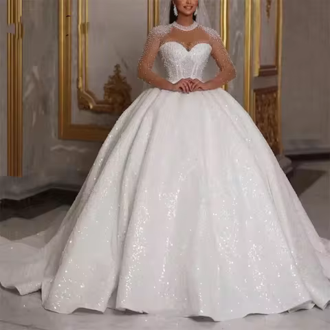 Sparkling African Wedding Dress Luxurious A-line Bridal Ball Dress Beads sequins Long Sleeves Dubai 