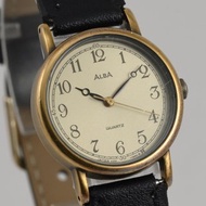SEIKO ALBA V251-0220 女性用腕時計 クォーツ 真鍮色ケース 黒ベルト 手錶 古董錶