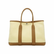 Hermes Garden Party 30 皮革拼帆布銀釦手提花園包(餅乾色/米白)