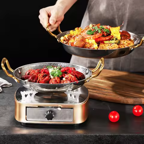 Stainless Steel Hammer Grain Seafood Paella Pan Flat Bottom Binaural Handle Seafood Rice Pot Thicken