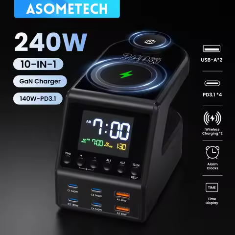 240W GaN Charger Station 4×140W PD3.1 PPS USB Type C Wireless Fast Charger for MacBook iPhone Alarm 