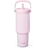 ElloOasisGo+26oz Insulated Stainless Steel Cup with Straw, Pink Check Pattern