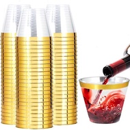 I00000 200 Pack Gold Plastic Cups, 9 Oz Elegant Clear Plastic Cups Gold Rimmed Disposable Wine Glass