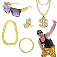 5 PCS Dollar Sign Pendant Necklace Ring Set, 80s 90s Hip Hop Costumes Kit Men Outfit Fake Gold Chain