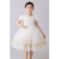 5529 Elegant White Gold Floral Embroidery Girls' Party Dress