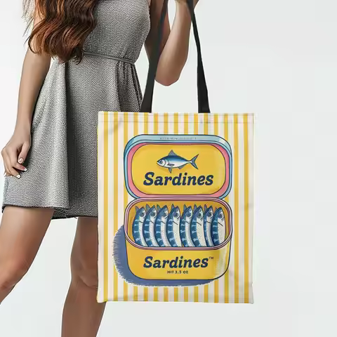 1pc Sardine Artwork Canister Tote Bag Stylish Women'S Shopping Bag with Vibrant Fish Design Durable