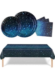 76入組一次性派對桌上用品套裝(25片餐巾紙+1片桌布+25片7吋+25片9吋紙盤),藍色漸層星空圖案,適用於各種主題派對和日常使用