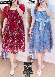 DRESS TALI PITA BAHAN TILE BROKAT MOTIF BUNGA-DRESS WANITA TANGAN PENDEK KHUSUS PESTA NATALAN 2023