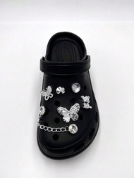Juego de 6 hebillas de zapato de plástico plateado, adecuadas para todos los zapatos con agujeros, decoradas con mariposa, corazón, gota de agua y strass, accesorios desmontables de hebilla de zapato de bricolaje