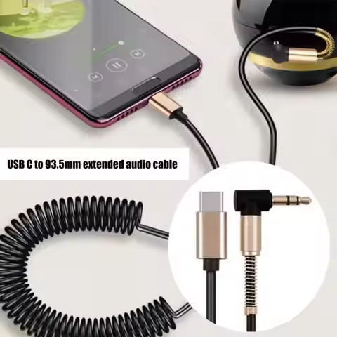 E21E Spring Coiled USB C To 3.5mm Cable Stereo Sound Cable Right Angles Car Adapter