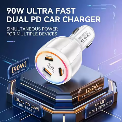 90W Car Charger 3 Port Dual Type C PD30W & USB A Fast Charging Auto Adapter with RGB Light For 12V-2