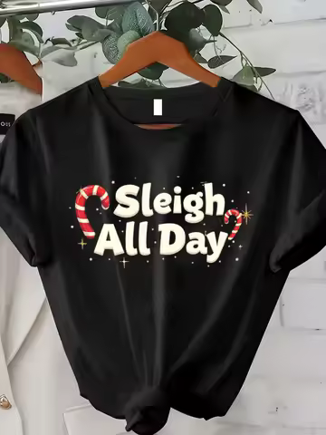 Women T-shirt Sleigh All Day Christmas Candy Cane Tee for Women