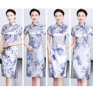 [Dsmyz] Cheongsam White Silk Floral Dress Short Sleeve Retro Chinese Style Mid Dress Plus Size Cheon