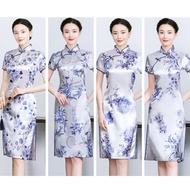 Cheongsam White Silk Floral Dress Short Sleeve Retro Chinese Style Mid Dress Plus Size Cheongsam Mus