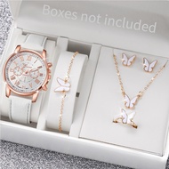 5PCS/Set Geneva Women Watches Fashion Leather Band Quartz Wrist Watch Butterfly Jewelry Set（Without Box）
