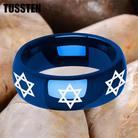 TUSSTEN 6/8MM Tungsten Ring Couple Ring Laser Carving Judaism Star of David Logo Dome Polishing Comf