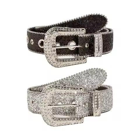 Women Solid Rhinestone Belt PU Leather Bling Crystal Adjustable Glitter Waistband for Y2K Girls Club