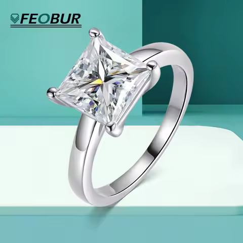 FEOBUR 1/2/3/4CT Princess Cut Moissanite Diamond Ring for Women Certified 100% 925 Sterling Silver E