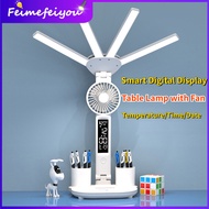 Rechargeable Desk Lamp for Study Reading Light Touch Dimming Led Clock Dispaly Reading Lamp 4 Heads Table Lamps with Fan 3 Colors in 1 Lamp